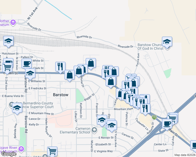 map of restaurants, bars, coffee shops, grocery stores, and more near 1100 East Main Street in Barstow