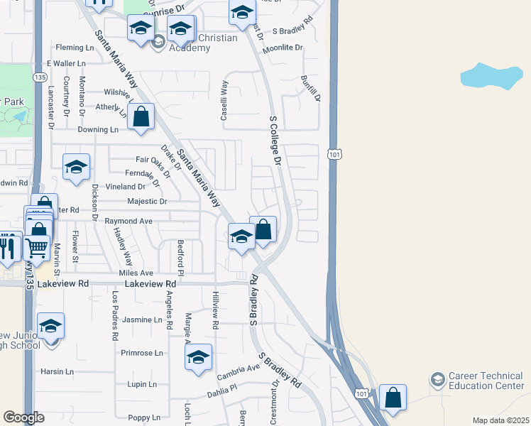 map of restaurants, bars, coffee shops, grocery stores, and more near 828 Pheasant View Drive in Santa Maria