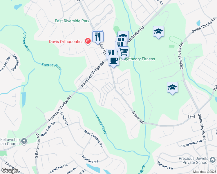 map of restaurants, bars, coffee shops, grocery stores, and more near 109 Riverside Towne Circle in Greer