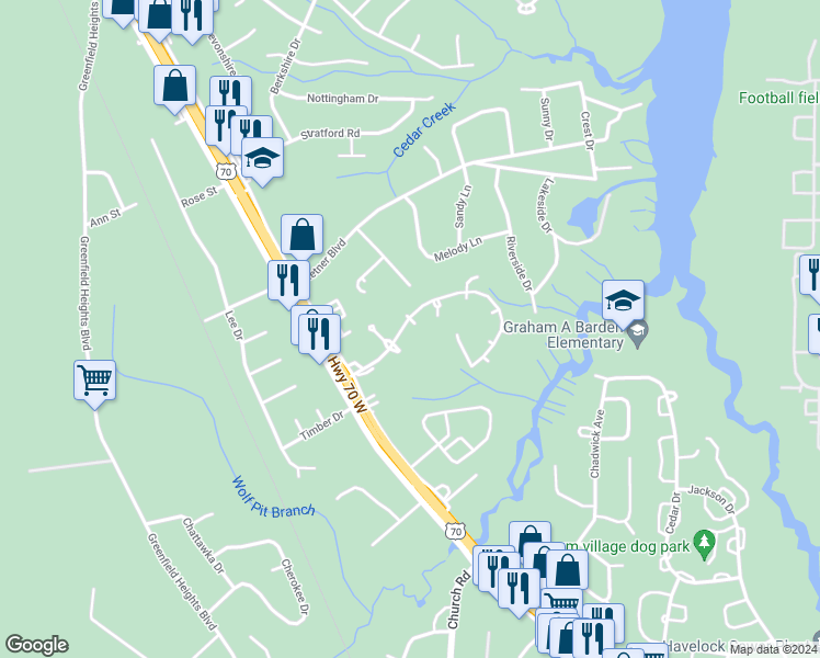 map of restaurants, bars, coffee shops, grocery stores, and more near 110 Stonebridge Trail in Havelock