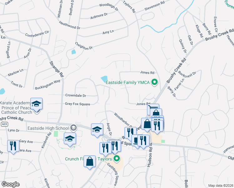 map of restaurants, bars, coffee shops, grocery stores, and more near 217 Spring View Lane in Taylors