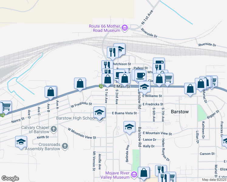 map of restaurants, bars, coffee shops, grocery stores, and more near 112 East Main Street in Barstow