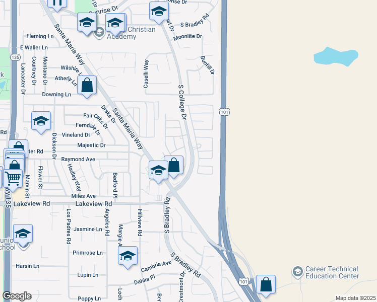 map of restaurants, bars, coffee shops, grocery stores, and more near 3386 Greenacre Drive in Santa Maria