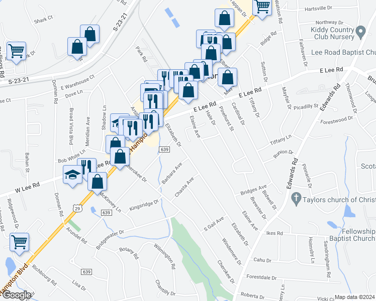 map of restaurants, bars, coffee shops, grocery stores, and more near 107 Elizabeth Drive in Greenville