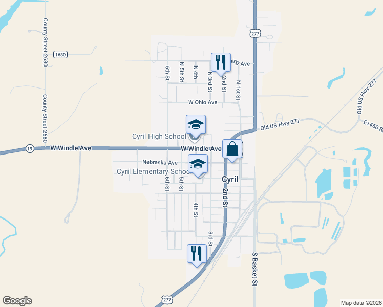 map of restaurants, bars, coffee shops, grocery stores, and more near 115 4th Street in Cyril