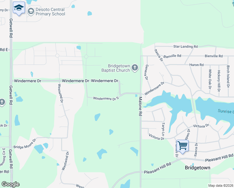 map of restaurants, bars, coffee shops, grocery stores, and more near 3820 Windermere Drive South in DeSoto County