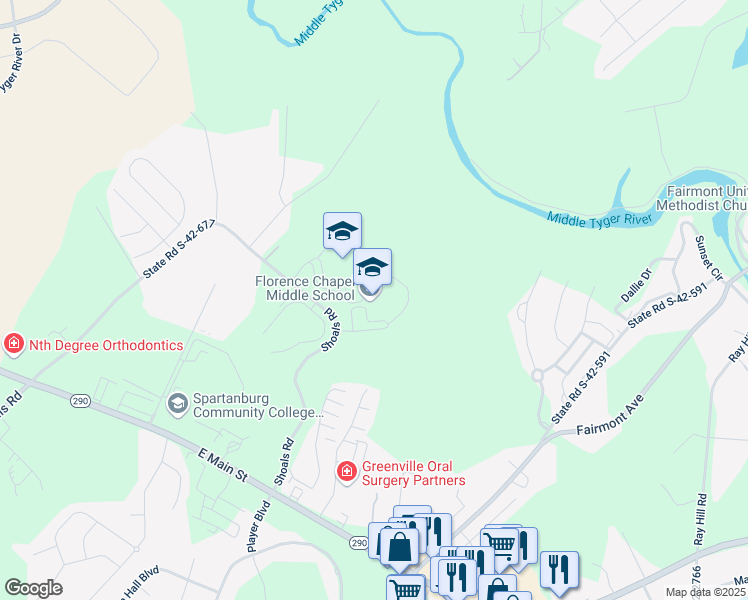 map of restaurants, bars, coffee shops, grocery stores, and more near 290 Shoals Road in Duncan