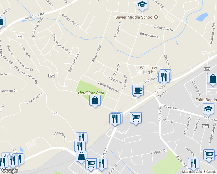 map of restaurants, bars, coffee shops, grocery stores, and more near 226 Lofty Ridge Road in Greenville