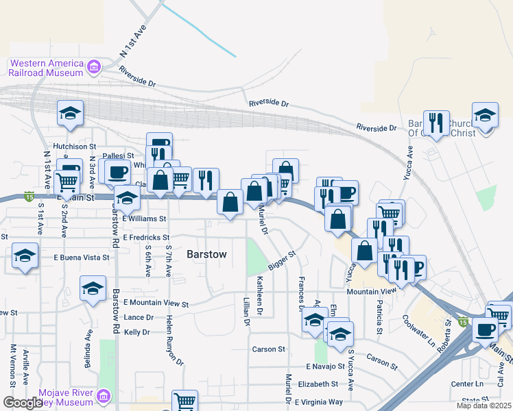 map of restaurants, bars, coffee shops, grocery stores, and more near 1001 East Main Street in Barstow