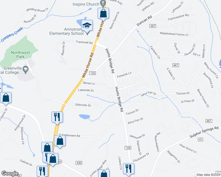 map of restaurants, bars, coffee shops, grocery stores, and more near 703 Hunts Bridge Road in Greenville