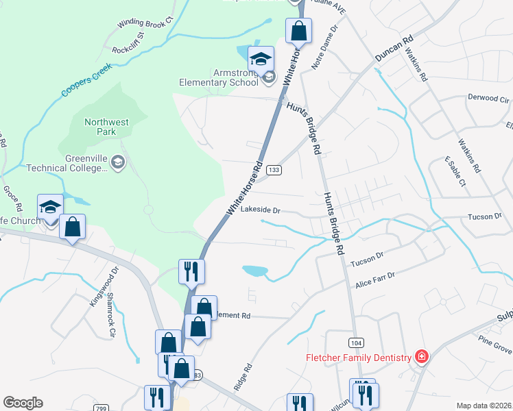 map of restaurants, bars, coffee shops, grocery stores, and more near 8304 White Horse Road in Greenville