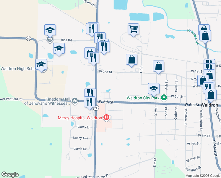 map of restaurants, bars, coffee shops, grocery stores, and more near 701-899 West 2nd Street in Waldron