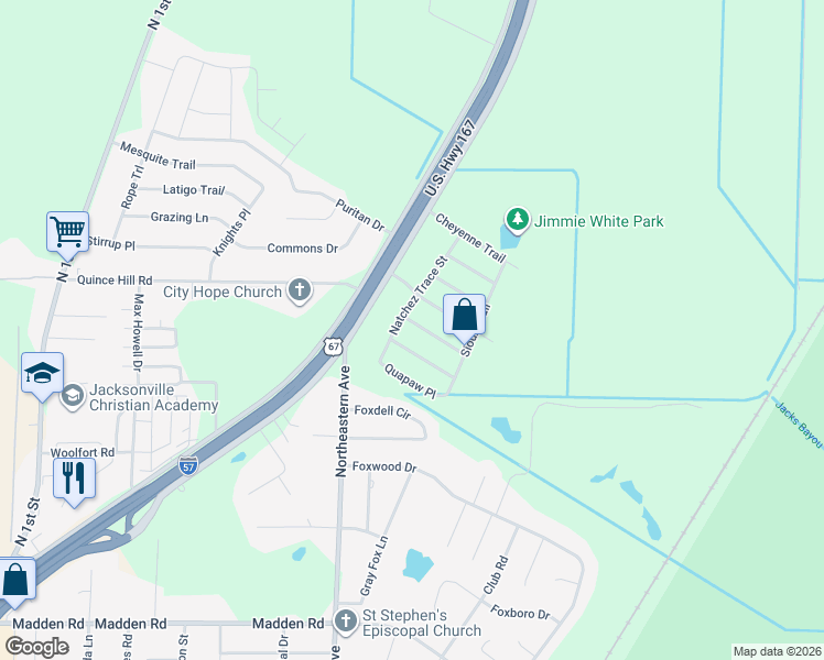 map of restaurants, bars, coffee shops, grocery stores, and more near 100 Tecumseh Trail in Jacksonville