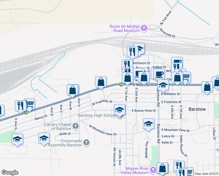 map of restaurants, bars, coffee shops, grocery stores, and more near 204 Main Street in Barstow
