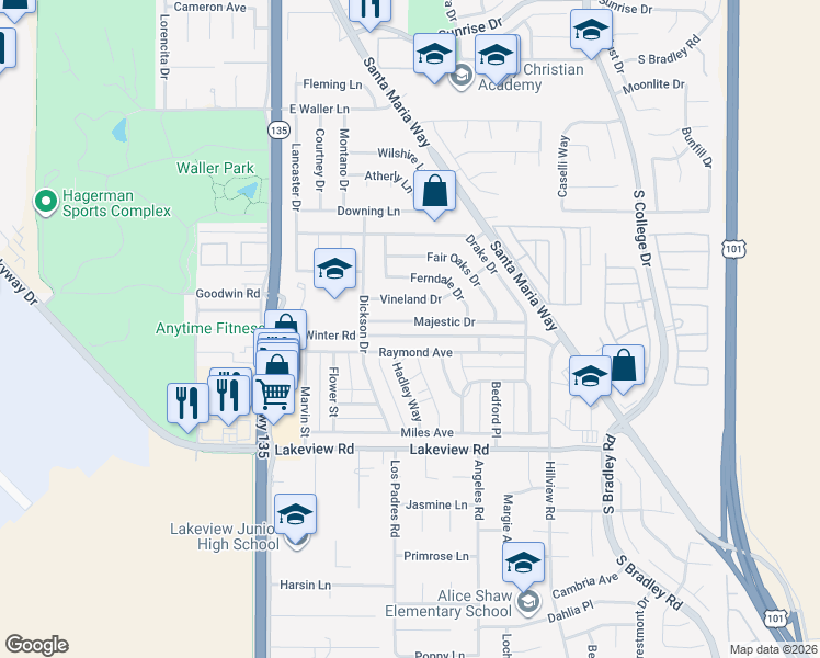 map of restaurants, bars, coffee shops, grocery stores, and more near 470 Majestic Drive in Santa Maria