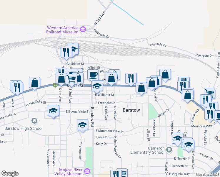 map of restaurants, bars, coffee shops, grocery stores, and more near 610 East Main Street in Barstow