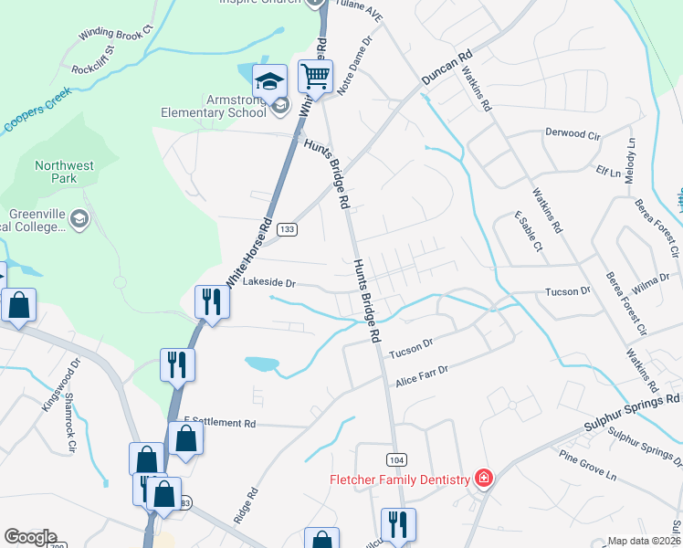 map of restaurants, bars, coffee shops, grocery stores, and more near 615 Hunts Bridge Road in Greenville