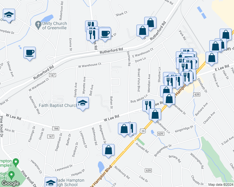 map of restaurants, bars, coffee shops, grocery stores, and more near 4 Sevier Court in Taylors