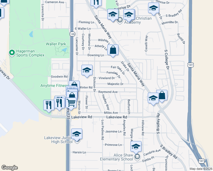 map of restaurants, bars, coffee shops, grocery stores, and more near 470 Majestic Drive in Santa Maria