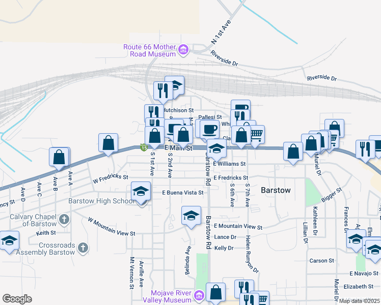 map of restaurants, bars, coffee shops, grocery stores, and more near 300 East Main Street in Barstow