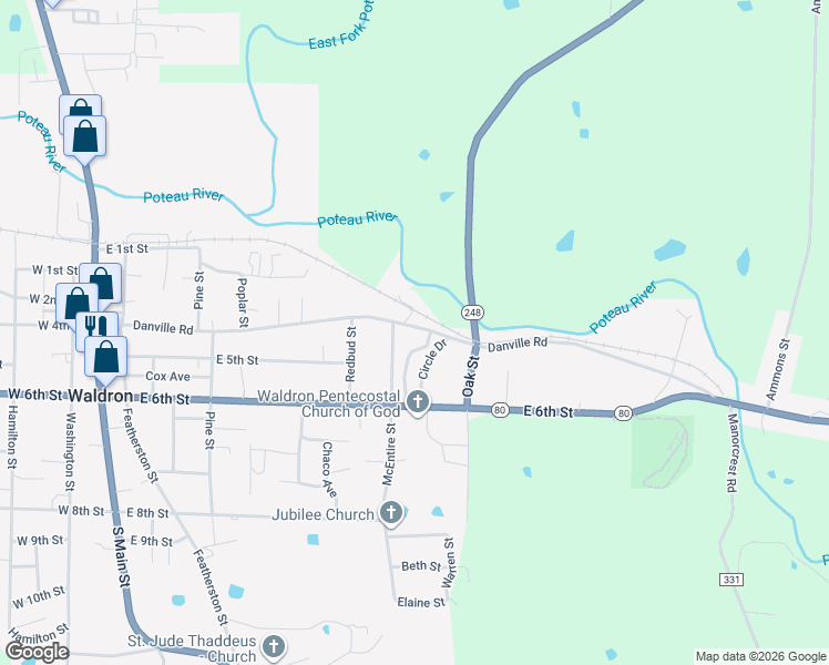map of restaurants, bars, coffee shops, grocery stores, and more near Kelly Drive in Waldron