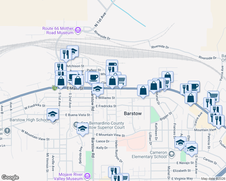 map of restaurants, bars, coffee shops, grocery stores, and more near 705 East Main Street in Barstow