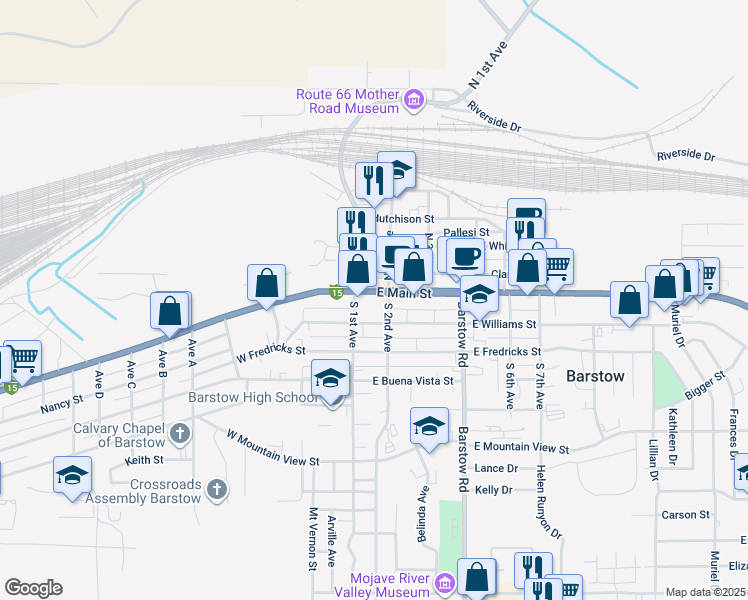 map of restaurants, bars, coffee shops, grocery stores, and more near 112 East Main Street in Barstow