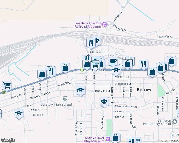 map of restaurants, bars, coffee shops, grocery stores, and more near 0 East Main Street in Barstow