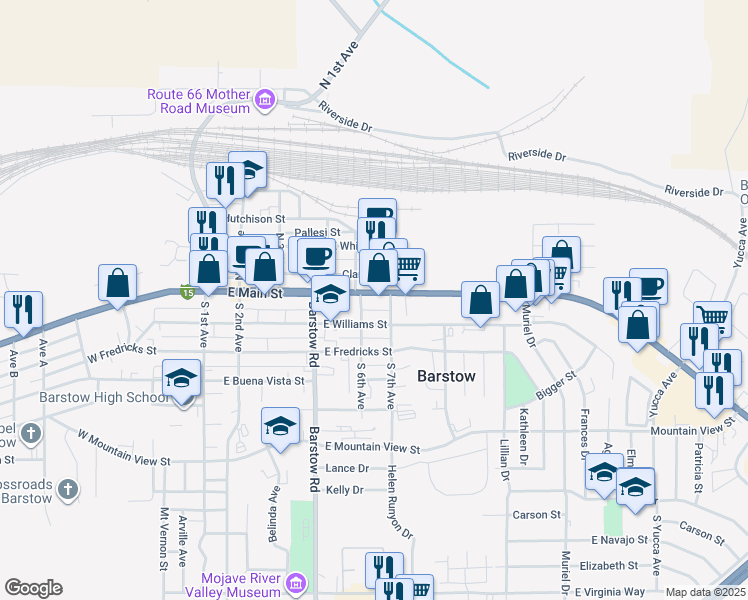 map of restaurants, bars, coffee shops, grocery stores, and more near 601 East Main Street in Barstow