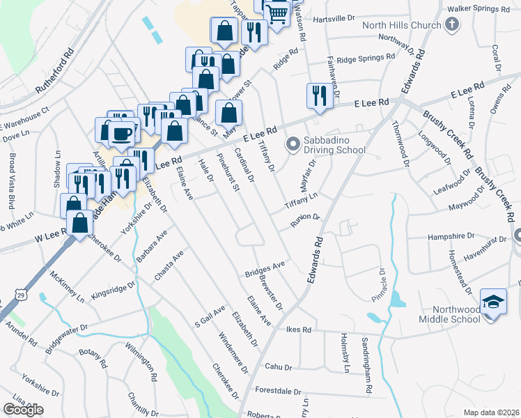 map of restaurants, bars, coffee shops, grocery stores, and more near 24 Cardinal Drive in Taylors