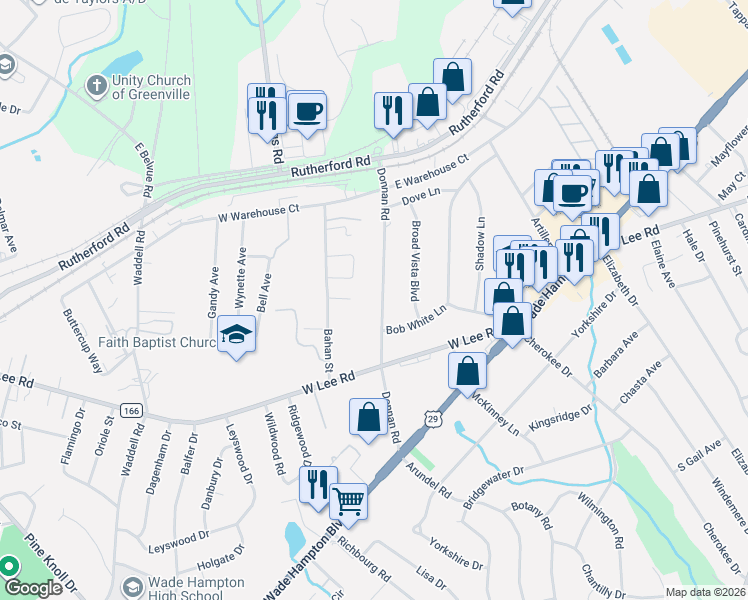 map of restaurants, bars, coffee shops, grocery stores, and more near 212 Donnan Road in Taylors
