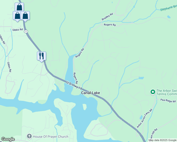map of restaurants, bars, coffee shops, grocery stores, and more near 2206 Doe Lane in Blairsville