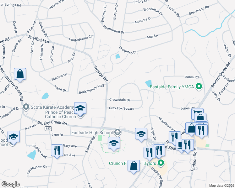 map of restaurants, bars, coffee shops, grocery stores, and more near 700 Gray Fox Square in Taylors