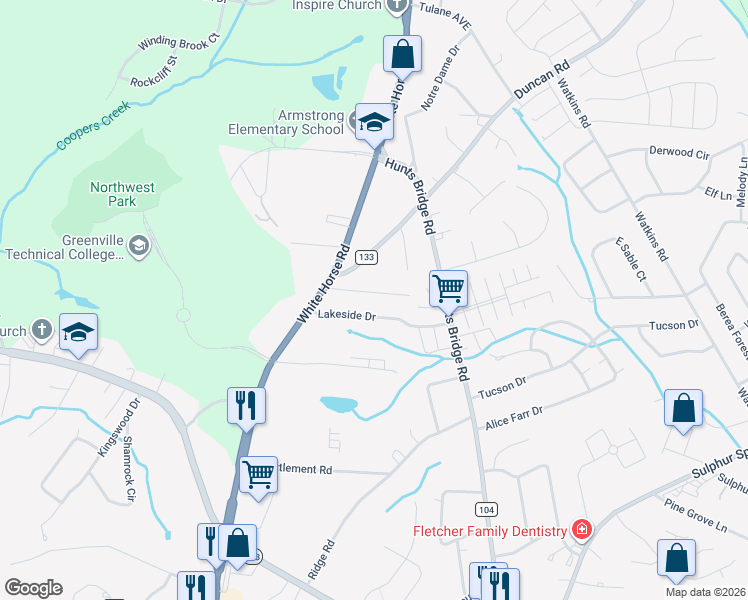 map of restaurants, bars, coffee shops, grocery stores, and more near 5 Berea Lane in Greenville