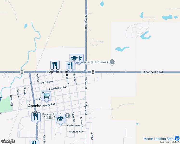 map of restaurants, bars, coffee shops, grocery stores, and more near Highway 19 in Apache