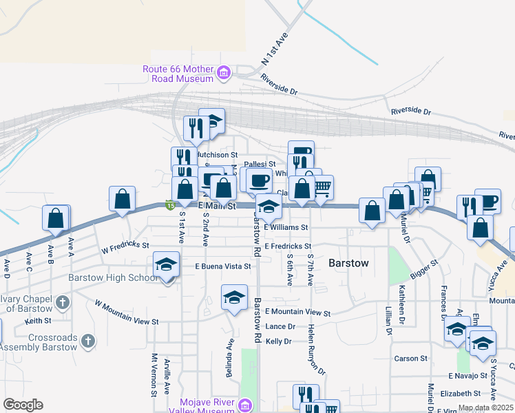 map of restaurants, bars, coffee shops, grocery stores, and more near 2 Barstow Road in Barstow