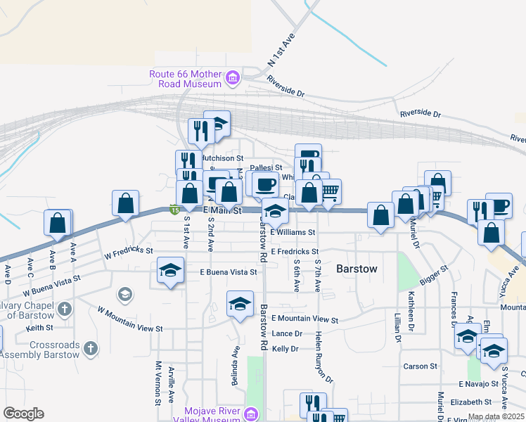 map of restaurants, bars, coffee shops, grocery stores, and more near 29 Barstow Road in Barstow