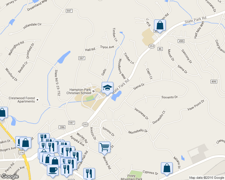 map of restaurants, bars, coffee shops, grocery stores, and more near 202 Ashby Drive in Greenville