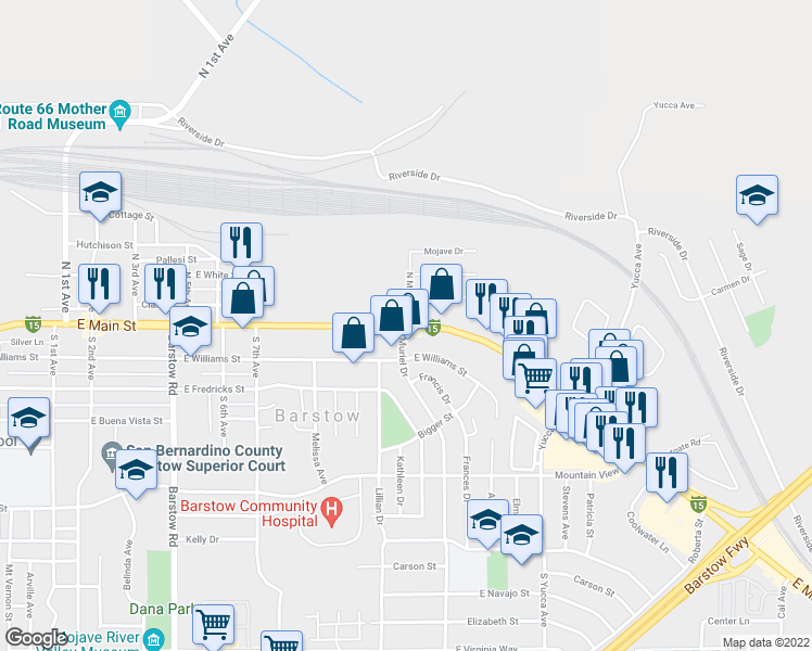 map of restaurants, bars, coffee shops, grocery stores, and more near 971 E Main St in Barstow