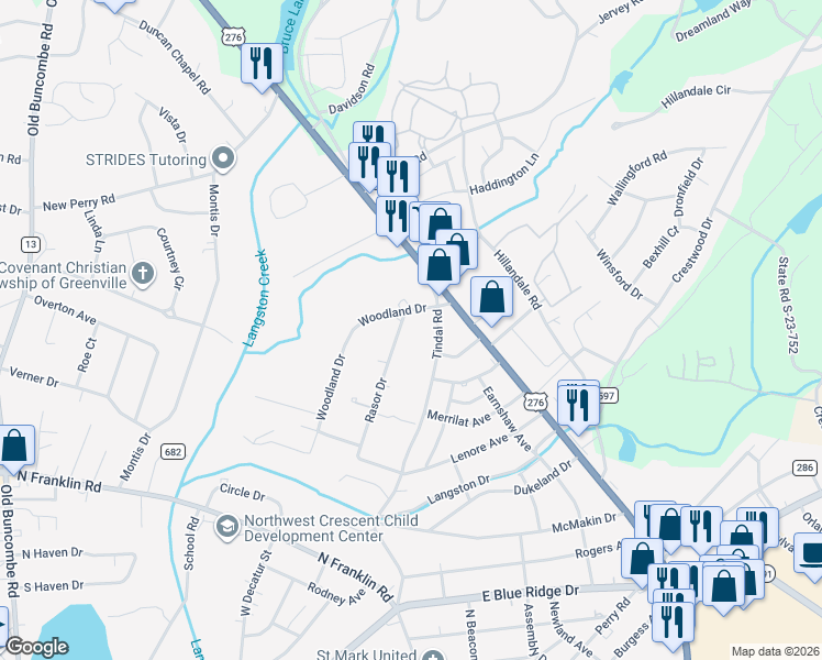 map of restaurants, bars, coffee shops, grocery stores, and more near 515 Tindal Road in Greenville