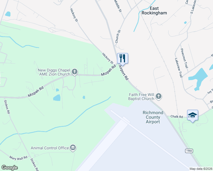 map of restaurants, bars, coffee shops, grocery stores, and more near 129 Mizpah Road in Rockingham