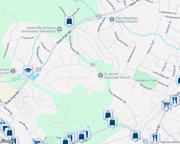 map of restaurants, bars, coffee shops, grocery stores, and more near 109 Sorrento Drive in Greenville