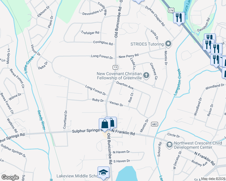 map of restaurants, bars, coffee shops, grocery stores, and more near 4212 Old Buncombe Road in Greenville