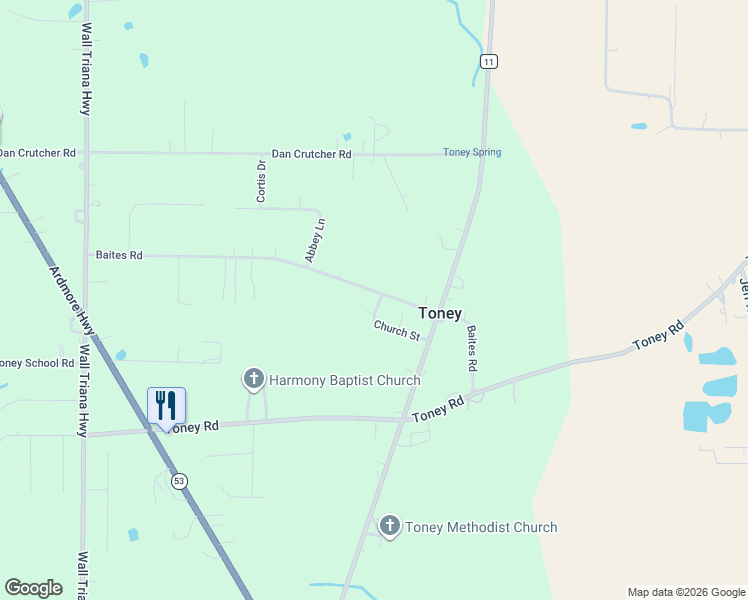 map of restaurants, bars, coffee shops, grocery stores, and more near 280 Baites Road in Toney