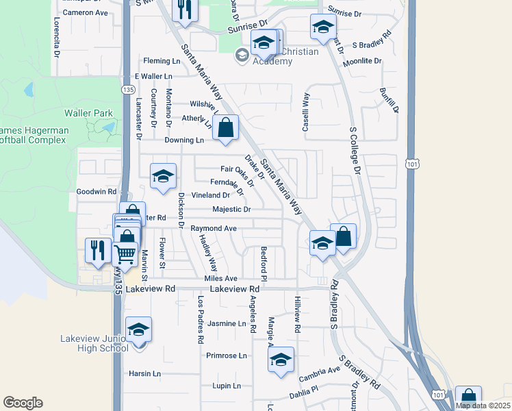 map of restaurants, bars, coffee shops, grocery stores, and more near 3335 Fair Oaks Drive in Santa Maria
