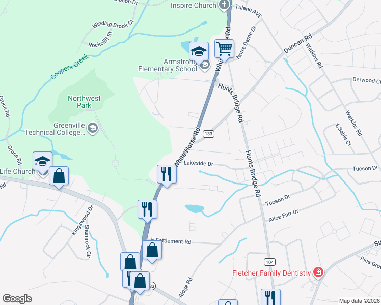 map of restaurants, bars, coffee shops, grocery stores, and more near 8304 White Horse Road in Greenville
