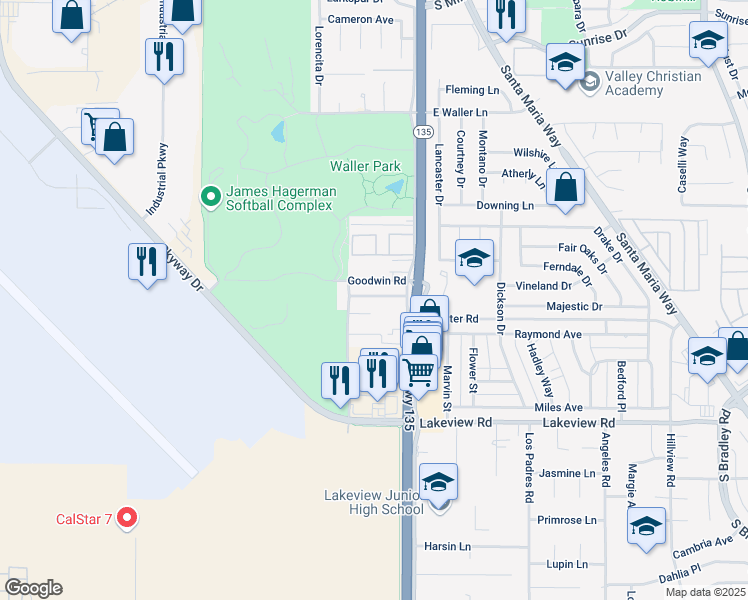 map of restaurants, bars, coffee shops, grocery stores, and more near 210 Moondance Lane in Santa Maria