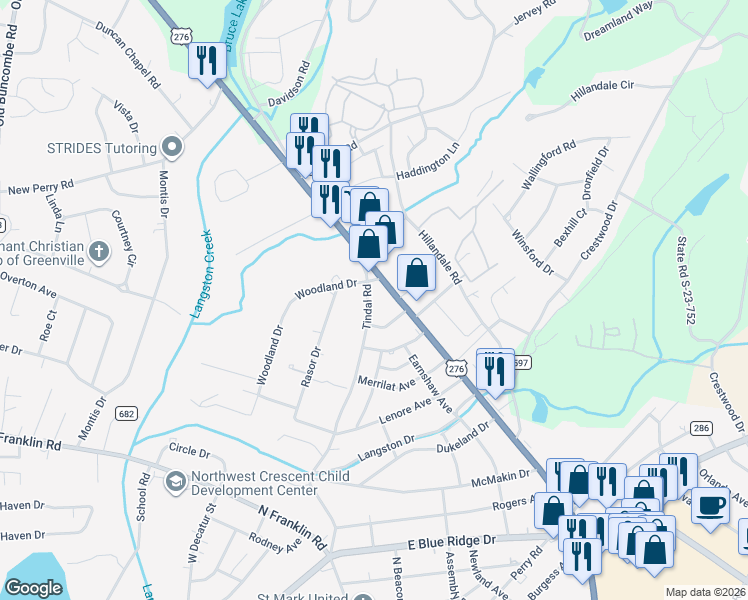 map of restaurants, bars, coffee shops, grocery stores, and more near 2509 Poinsett Highway in Greenville