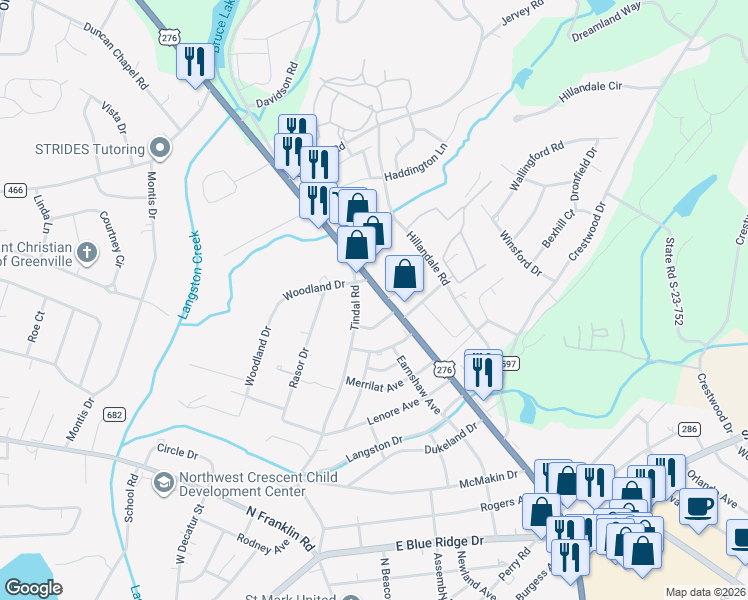 map of restaurants, bars, coffee shops, grocery stores, and more near 2509 Poinsett Highway in Greenville