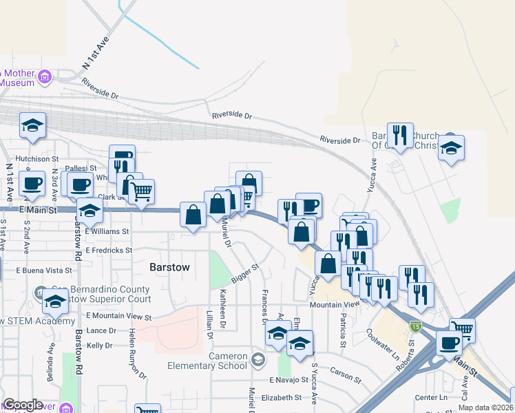 map of restaurants, bars, coffee shops, grocery stores, and more near 1111 East Main Street in Barstow